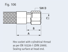 Hex socket with cylindrical thread  as per EN 10226-1 (DIN 2999). Sealing surface at head end.