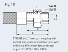 TYPE GF 340. Three-part coupling with  conical seal, made of malleable iron, with cylindrical Whitworth female thread  as per EN 10226-1 (DIN 2999)