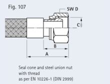 Seal cone and steel union nut with thread as per EN 10226-1 (DIN 2999)